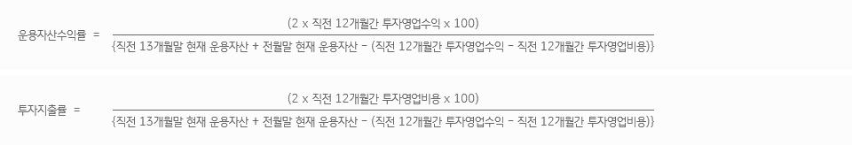 운용자산수익률 = (2*직전 12개월간 투자영업수익*100)/{직전 13개월말 현재 운용자산 + 전월말 현재 운용자산-(직전 12개월간 투자영업수익 - 직전 12개월간 투자영업비용)}, 투자지출률 = (2*직전 12개월간 투자영업비용*100)/{직전 13개월말 현재 운용자산 + 전월말 현재 운용자산 - (직전 12개월간 투자영업수익 - 직전 12개월간 투자영업비용)}