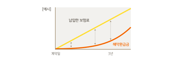 보험계약 유지 기간과 납입한 보험료 대비 해약 환급금의 변화 그래프